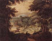 unknow artist a wooded landscape with a hunting party at the edge of a lake,a castle beyond oil painting on canvas